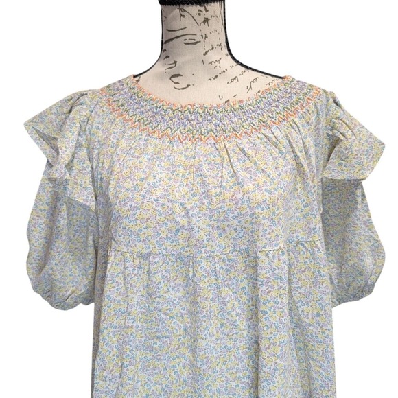Davi & Dani Floral Smocked Mini Dress Ruffle Flutter Sleeve Babydoll- Small - Picture 2 of 5